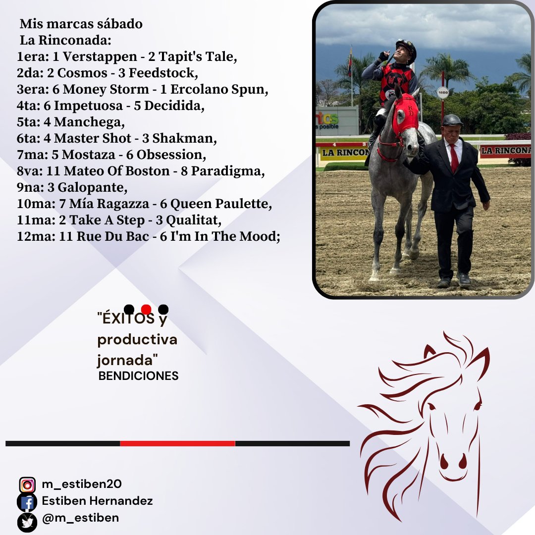 #Hipismo Mis marcas adelantadas La Rinconada
Ojo: De haber retirados se cambiaran con anticipación, otra cosa sino les gusta ninguno no los jueguen; ya que no es obligado, bendiciones

Abre este enlace y únete a la nueva experiencia en grupos de Whatsapp chat.whatsapp.com/Ca0Dw2yeBWf3iI……