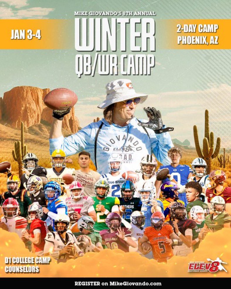 Leonardo Valencia ‘24 ✞⭐️ (@qblvalencia7) on Twitter photo Excited to be back at the <a href="/Elev8QBacademy/">Mike Giovando</a> winter camp as a coach this January 💪
Looking forward to helping train the next wave of elite QBs alongside Coach Gio
📅 Jan 3–4 2026
📍Arizona
📝 Register at MikeGiovando.com Excited to be back at the <a href="/Elev8QBacademy/">Mike Giovando</a> winter camp as a coach this January 💪
Looking forward to helping train the next wave of elite QBs alongside Coach Gio
📅 Jan 3–4 2026
📍Arizona
📝 Register at MikeGiovando.com