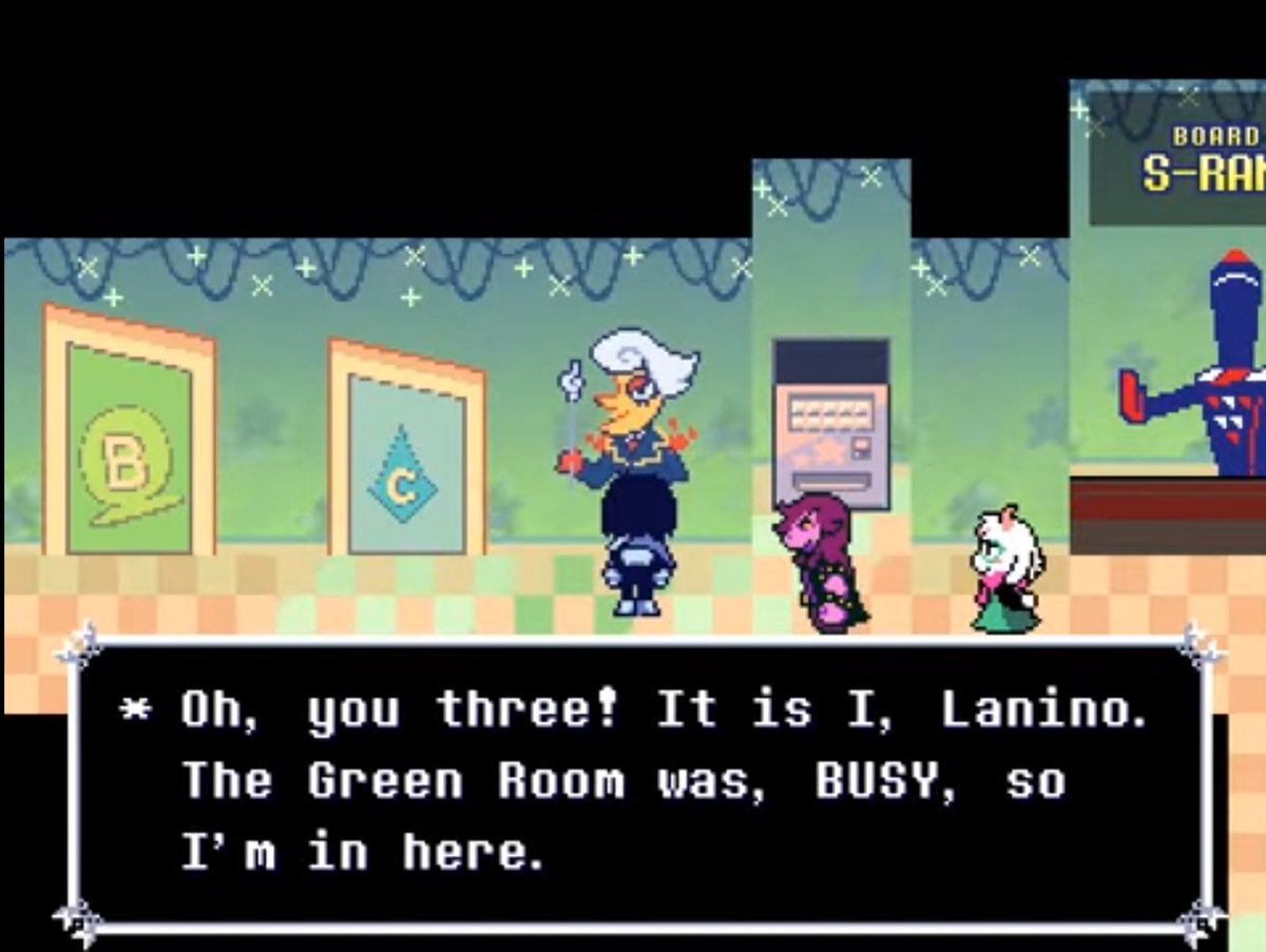 Randomly_Where's tweet image. Another thing about the weather is that Lanino seems a bit lonelier than Elnina as seen after the fight with them. Elnina is with a pippin , playing a game with them while Lanino is just standing near the C-rank room, not actually shown interacting with the zapper next to him.