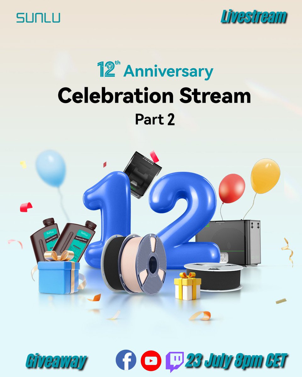 sunluofficial's tweet image. 🎉 SUNLU Turns 12 – Part 2! 🎉
We are back with Part 2 of our 12-Year Anniversary Livestream celebration! 🚀
📅 July 23rd – mark your calendars for more fun and…
🎁 A BIG GIVEAWAY!
If you joined us for Part 1, you know it was a blast – now it is time to take it even further. Do…