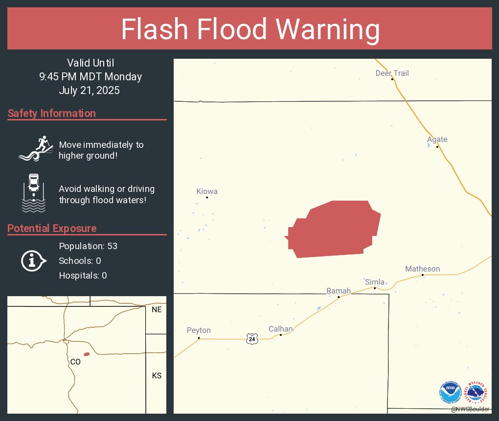 NWSBoulder's tweet image. Flash Flood Warning including Elbert County, CO until 9:45 PM MDT