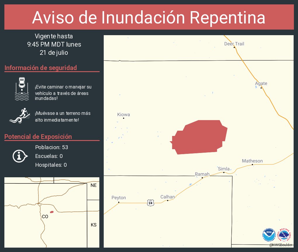 NWSBoulder's tweet image. Aviso de Inundación Repentina incluye Elbert County, CO hasta las 9:45 PM MDT