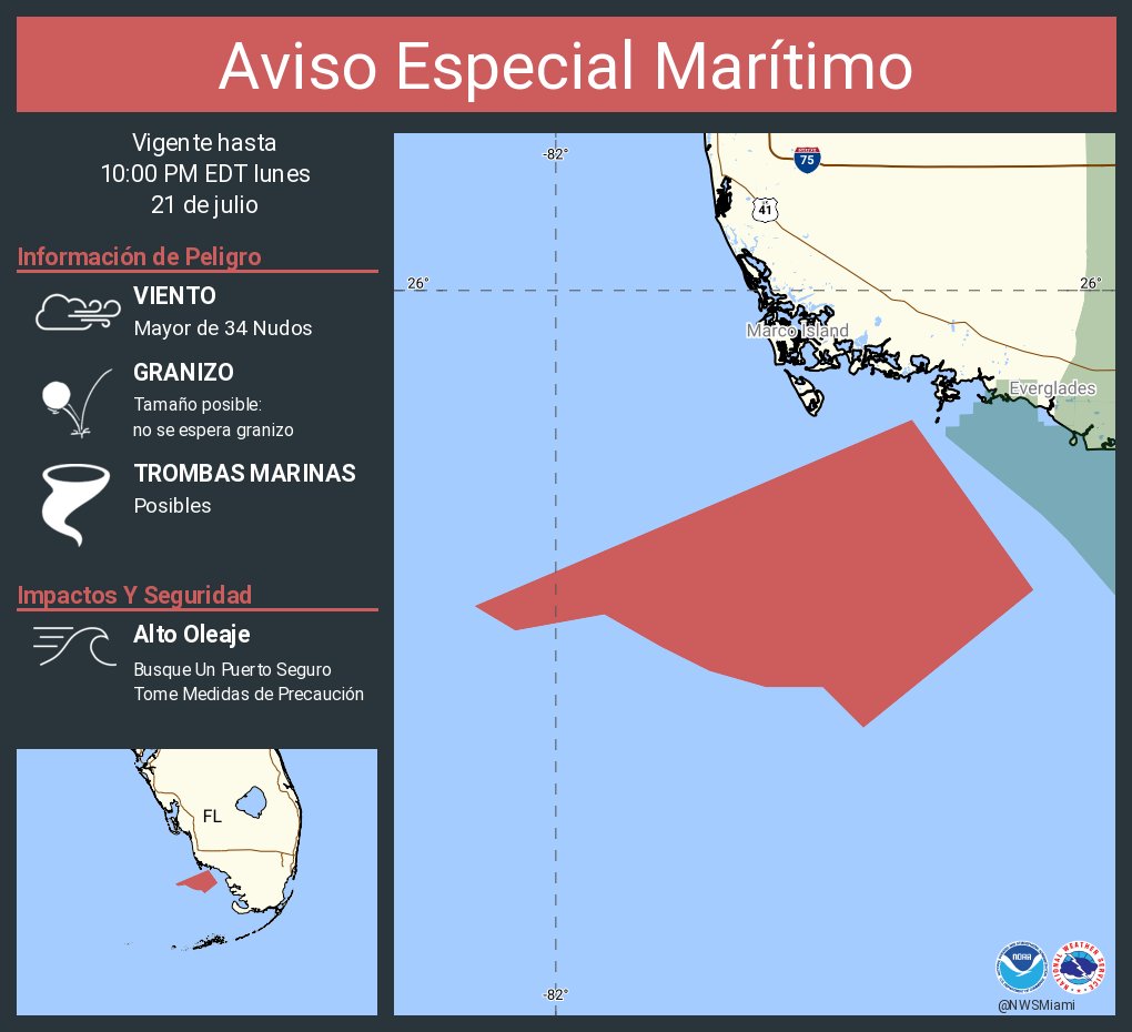 NWSMiami's tweet image. Aviso Especial Marítimo incluye Aguas costeras desde Chokoloskee hasta Playa Bonita desde 20 hasta 60 MN, Aguas costeras desde el Este Cabo Sable hasta Chokoloskee hasta 20 MN y Aguas costeras desde Chokoloskee hasta Playa Bonita hasta 20 MN hasta las 10:00 PM EDT