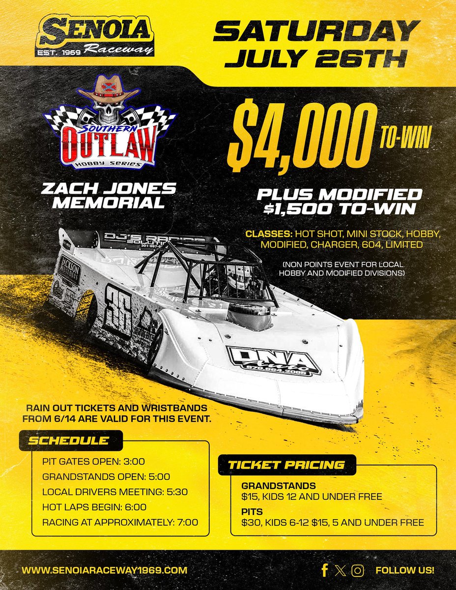 SenoiaR's tweet image. It’s going to be a wild one at Senoia Raceway this Saturday, July 26th! We’re throwing down $4,000 to win for the Zach Jones Memorial Southern Outlaw Hobby Series, plus a $1,500 Modified Special you won’t want to miss!