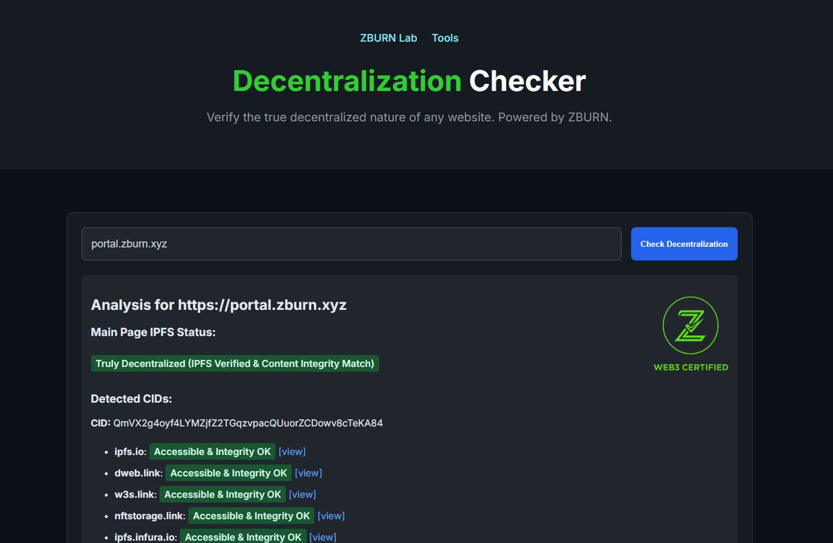 ZBURN_X's tweet image. We just self-scanned! 🤯 Our new ZBURN Portal (portal.zburn.xyz) is proudly TRULY DECENTRALIZED (IPFS Verified)!

BUT... even our portal still relies on centralized assets (Google Fonts, Twitter, etc.) and our other subdomains are still on their decentralization journey.…