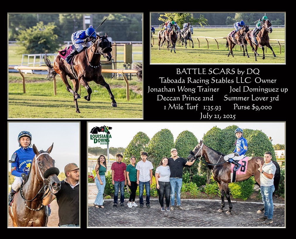 Jonathan Wong Racing Stables (@jawongracing) on Twitter photo Battle Scars made his first start off the claim a winning one today <a href="/LouisianaDowns/">Louisiana Downs Racetrack & Casino</a> giving us our 2nd win on the day. Congratulations & thank you to his owner <a href="/jtaboada12/">Johnny Taboada</a> <a href="/RenzoTaboada3/">Renzo Taboada</a> & Joel Dominguez for the perfect ride <a href="/MJVETWong/">M.Wong</a> <a href="/Director_Roxy/">Roxanne Tanner</a> <a href="/JohnLMcGary/">John L McGary</a> Battle Scars made his first start off the claim a winning one today <a href="/LouisianaDowns/">Louisiana Downs Racetrack & Casino</a> giving us our 2nd win on the day. Congratulations & thank you to his owner <a href="/jtaboada12/">Johnny Taboada</a> <a href="/RenzoTaboada3/">Renzo Taboada</a> & Joel Dominguez for the perfect ride <a href="/MJVETWong/">M.Wong</a> <a href="/Director_Roxy/">Roxanne Tanner</a> <a href="/JohnLMcGary/">John L McGary</a>