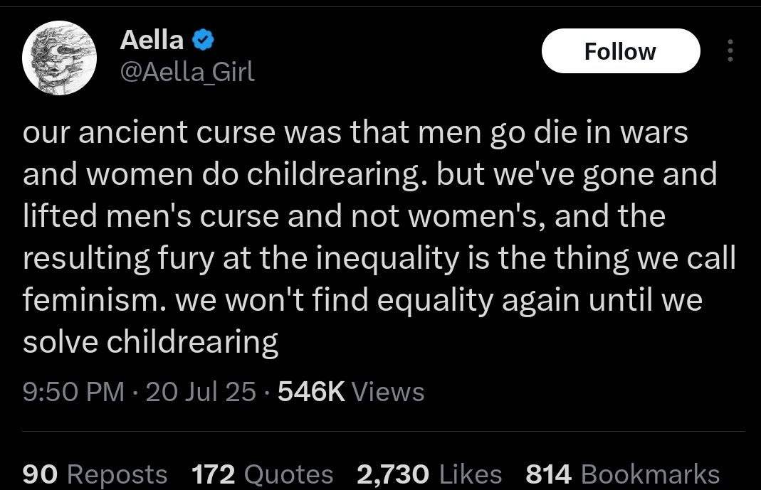 TheIllegit's tweet image. Aella may have forgotten some of her Christian upbringing, but the ancient curse for men (as recorded in Genesis) is work / hard labor, not wars. Women via feminism attempted to take both curses on themselves, or traded the female for the male.