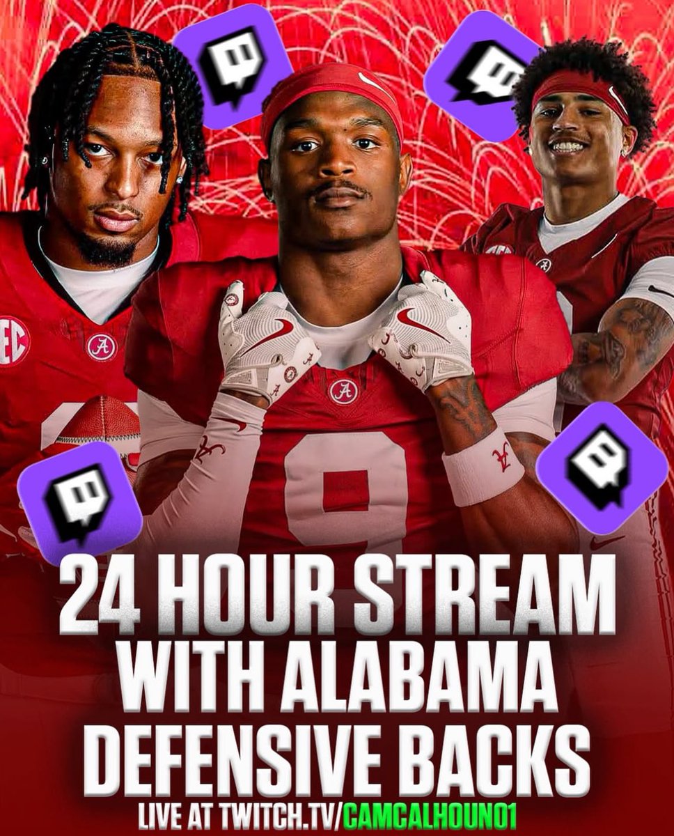 CrimsonCoverage's tweet image. Alabama defensive backs Cam Calhoun, Zabien Brown, and Keon Sabb will be a part of a 24-hour livestream on Wednesday.
The stream will begin at 1 PM CST on Calhoun’s Twitch channel.