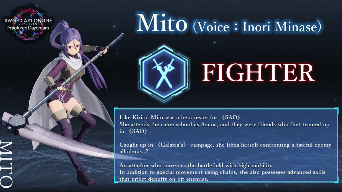 saogames's tweet image. #SAO Fractured Daydream New Playable Character!
Get ready for DLC 4: Symphony of a Dazzling Dawn! 🎶
Introducing a new playable character: Mito
Voice - Inori Minase
Role - Fighter
Mito joins the battle on July 24th, 2025! 🔥 Don't miss out!