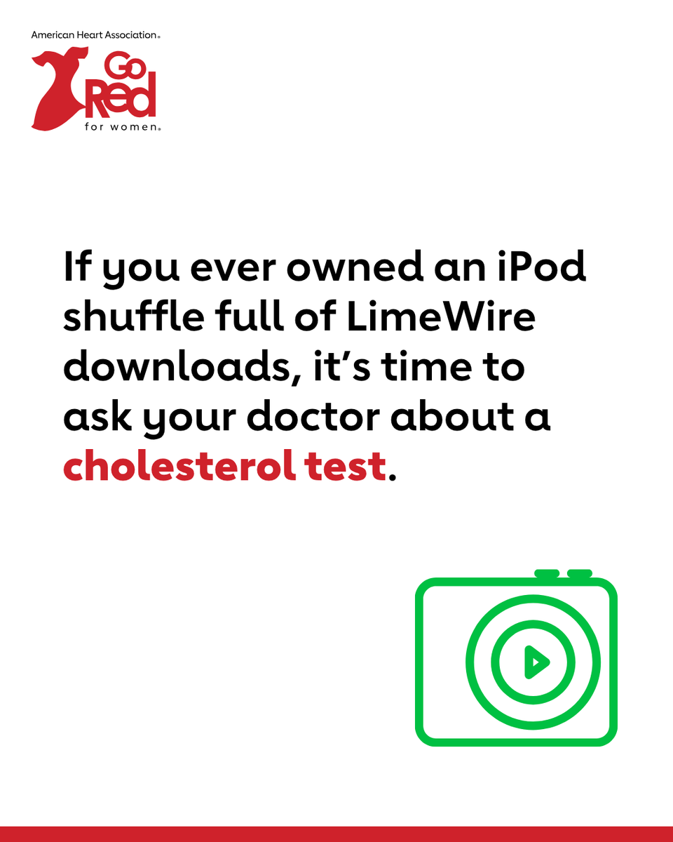 GoRedForWomen's tweet image. Skipping songs on your playlist was no biggie. Skipping your regular checkup is. Make an appointment and ask your doctor about a cholesterol test. Cholesterol typically increases over time.
