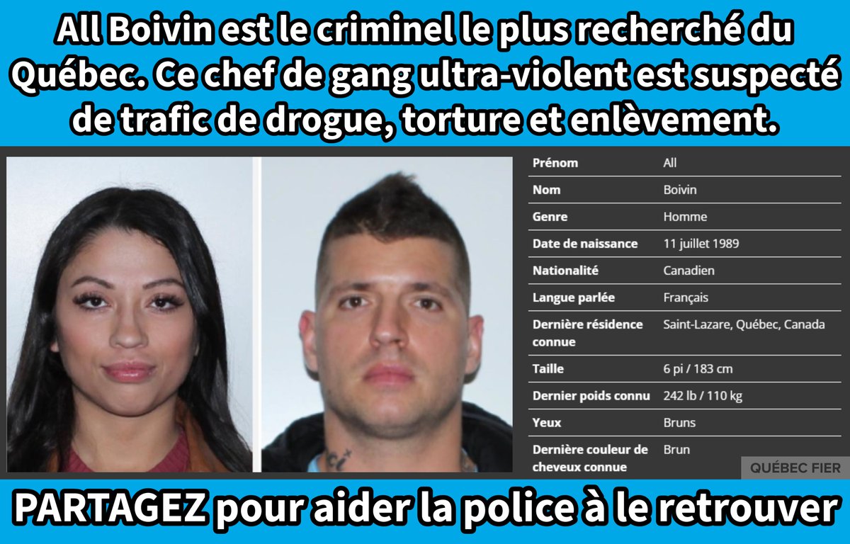 QuebecFier's tweet image. Une récompense de 250 000$ est offerte pour quiconque aidera les forces de l'ordre à interpeller All Boivin, un chef de gang qui terrorise le Saguenay depuis plusieurs années.
Boivin (photo de droite) pourraient se déplacer avec sa compagne Yaulise Lemieux-Bellavance (photo de…