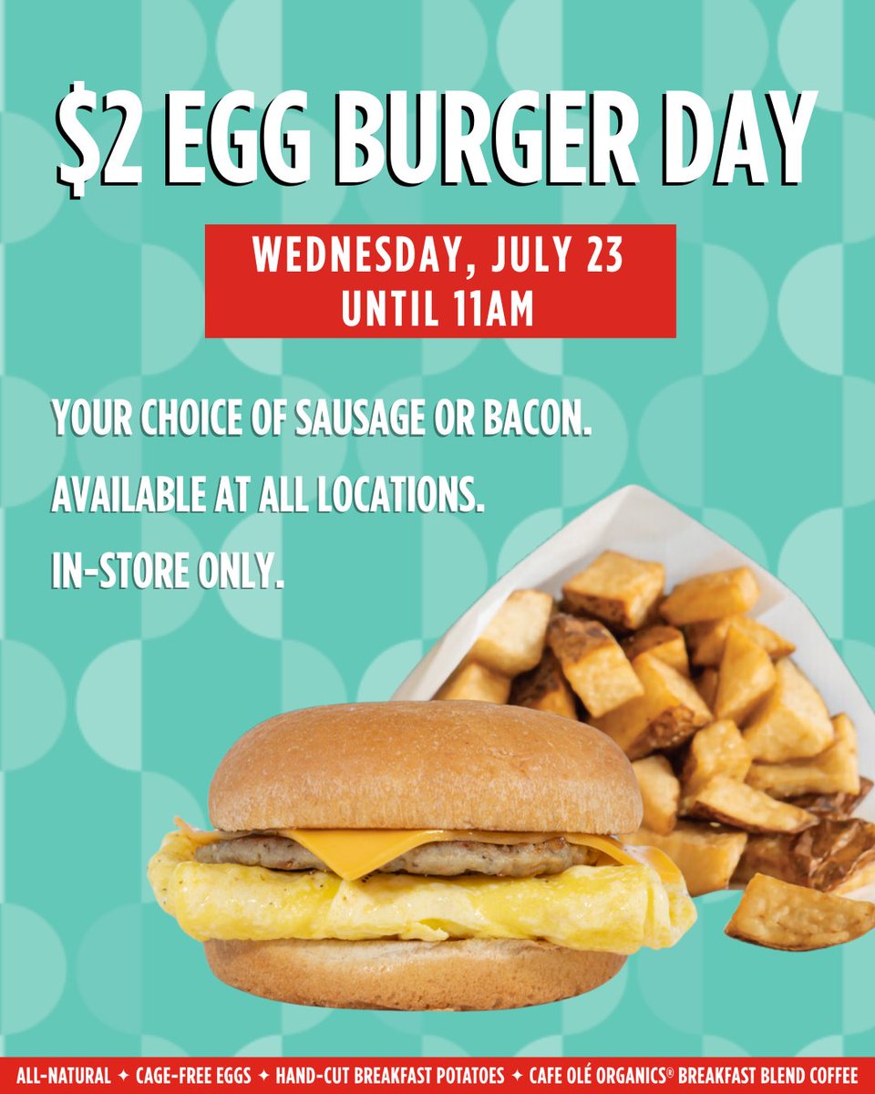 pterrys's tweet image. 📣 Wednesday, 7/23 = $2 Egg Burger Day at ALL locations!!
Treat your friends, family, neighbors, and co-workers to one of our fan-favorite Egg Burgers - just $2 until 11AM.
☀️ Early Birds: Breakfast starts at 4AM at Ben White & Barton Springs!