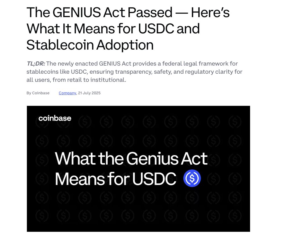 brian_armstrong's tweet image. The GENIUS Act brings confidence to consumers and opportunity to institutions.
Stablecoin adoption is increasing rapidly - I'm excited for every day people to feel the benefits.
And yes, we'll still offer 4.1% APY (10x an average savings account) on USDC held on Coinbase.