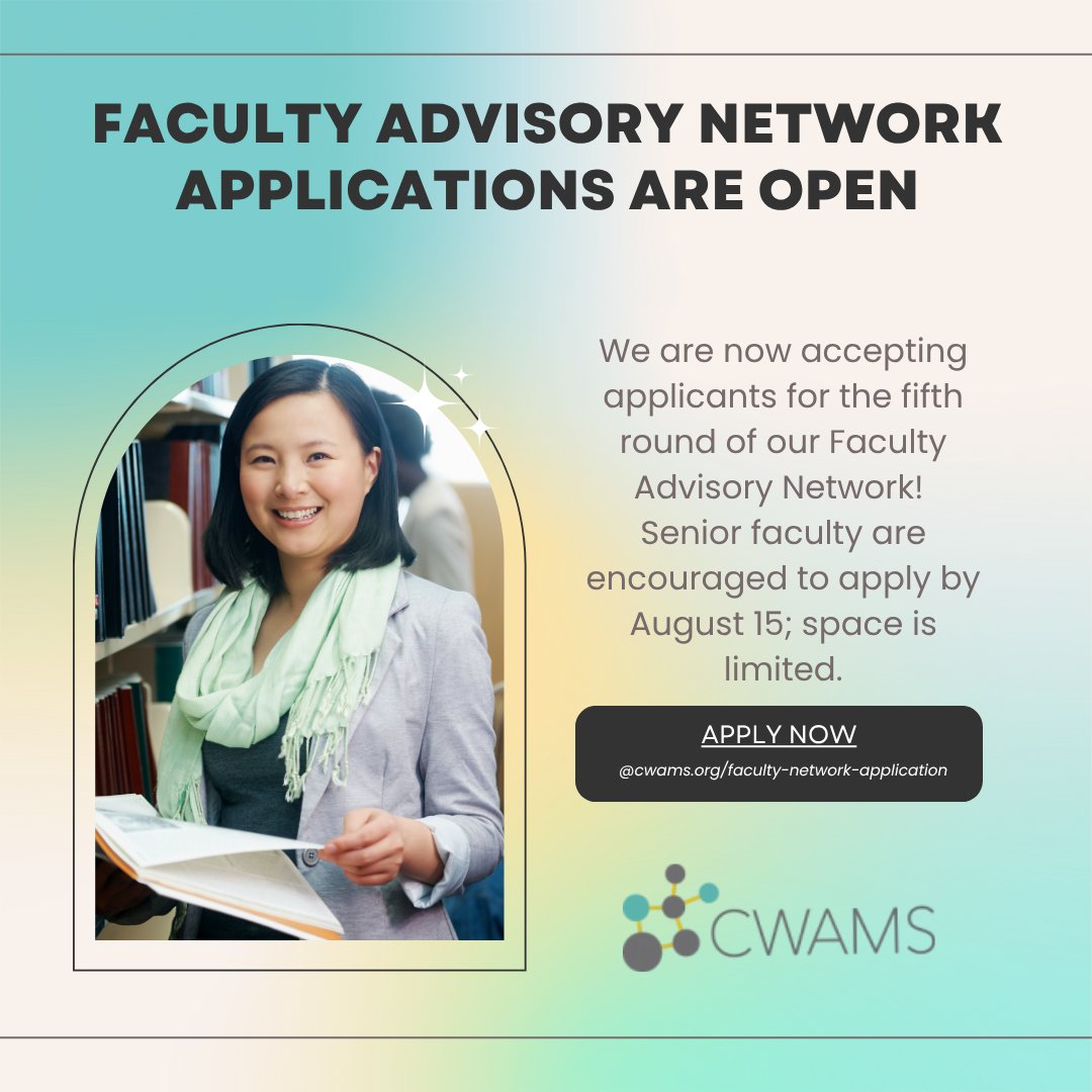 C_WAMS's tweet image. We are still accepting applications for the fifth round of our Faculty Advisory Network! Deadline is Aug 15. Senior faculty are encouraged to apply here:
cwams.org/faculty-networ…