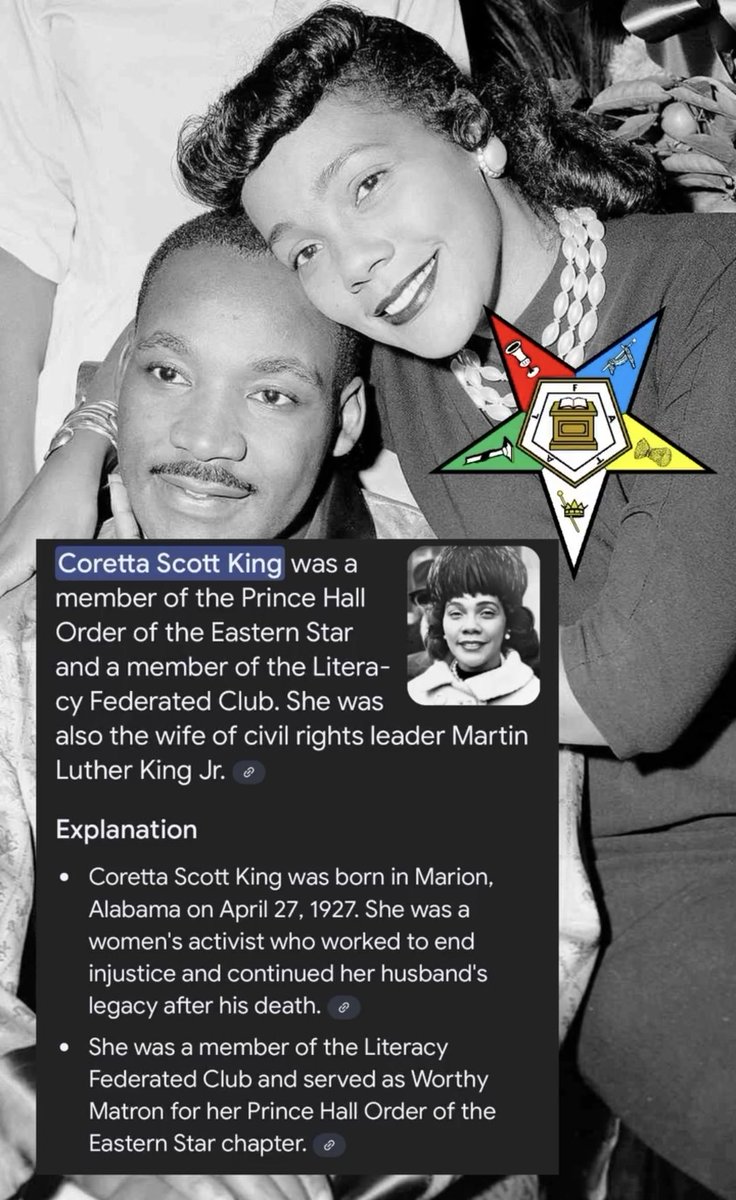 RedpillDrifter's tweet image. MLK Jr's wife, Corretta Scott King was a member of the Prince Hall Order of the Eastern Star, which is a Masonic order for women.