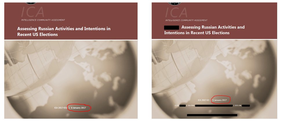 ClimateAudit's tweet image. the ICA version in the recent DNI documents is a different version (dated January 5, 2017) than the released version (dated January 6, 2017). There were many changes overnight - some substantive.
Before editorializing, I'll laboriously go through comparisons - final version on…