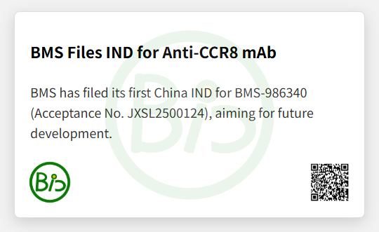 CNBioXYZ's tweet photo. BMS has submitted its first IND application in China for BMS-986340, an investigational anti-CCR8 monoclonal antibody. $BMY $ZLAB $ONC https://t.co/RePN1Vl6OL