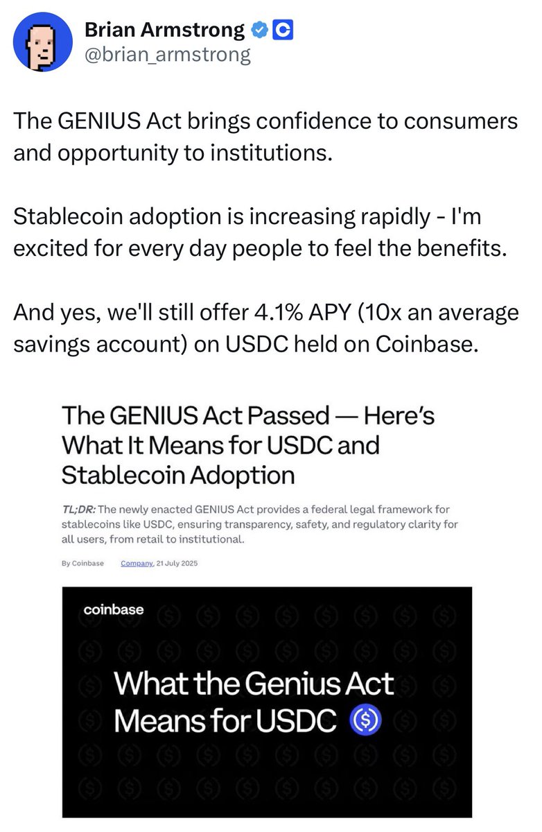 AlexH_Johnson's tweet image. Pretty funny tweet given that offering yield on payment stablecoins is blatantly against the spirit of the GENIUS Act.