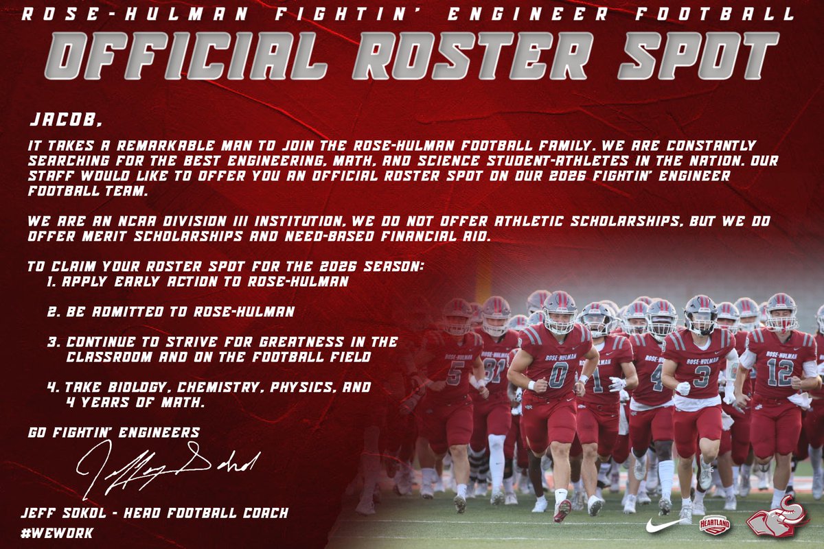 I'm blessed to announce I have received an official offer to play collegiate football at Rose Hulman Institute of Technology. Thank you to my family, coaches, and teammates for the support. #wework <a href="/CoachSkibba/">Lucas Skibba</a> <a href="/CoachSokolRHIT/">Jeff Sokol</a>