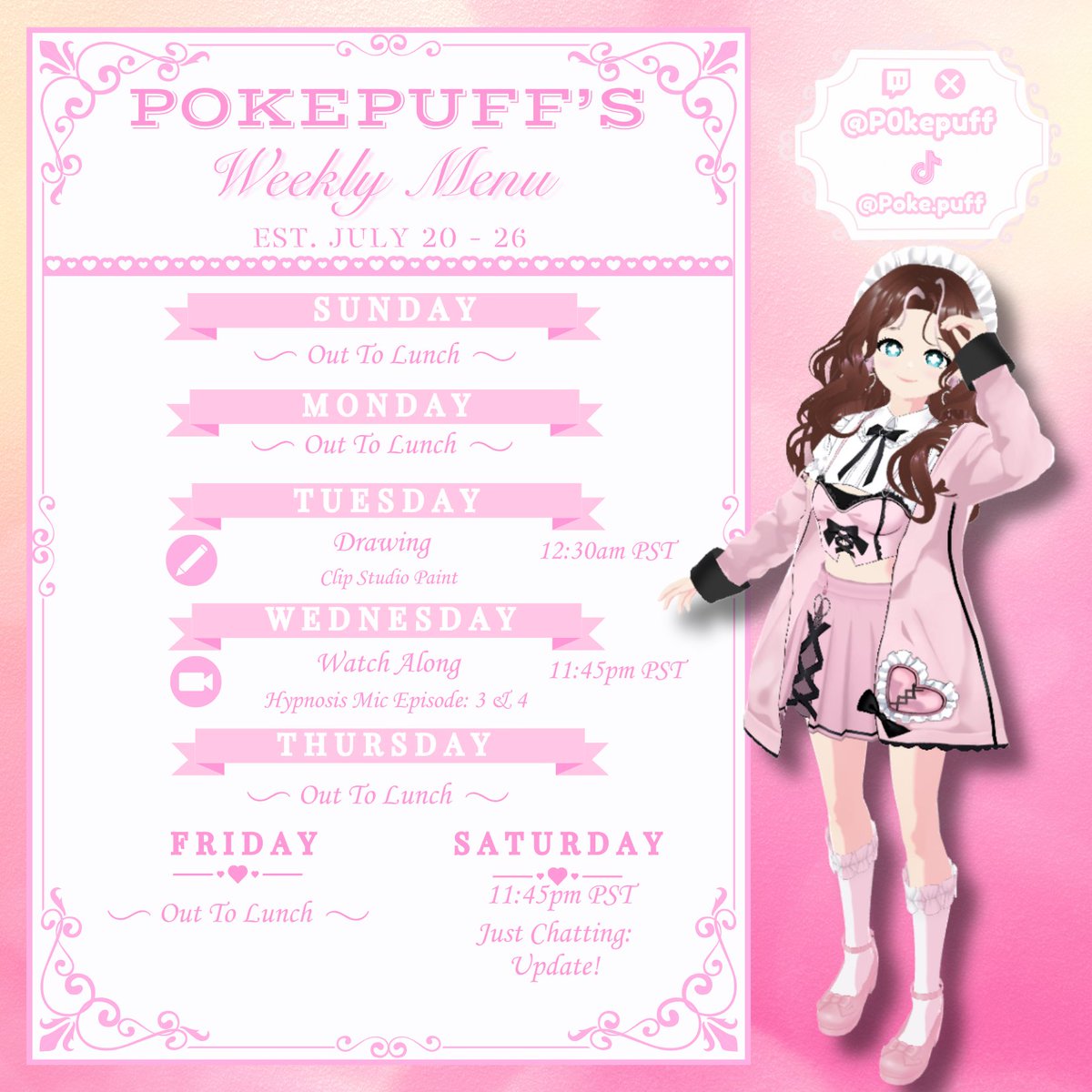 p0kepuff's tweet image. Schedule for 7/20-7/26 yippie !!! yippie !!! #VtuberEN