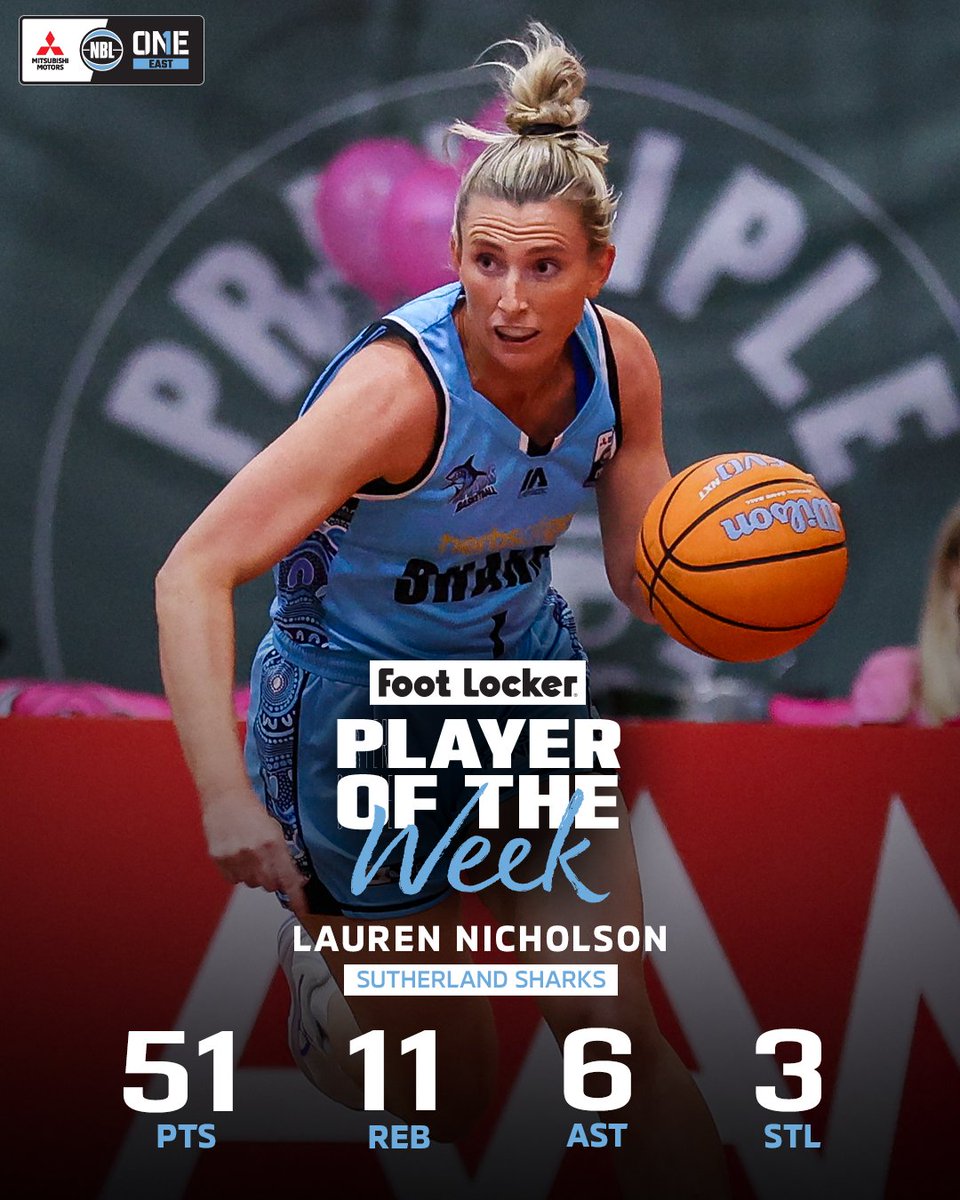 NBL1's tweet image. Lauren Nicholson is the NBL1 East Player of the Week! π
With a MASSIVE 51-point double-double, the Sutherland Sharks star will take home a $200 Foot Locker voucher ποΈ