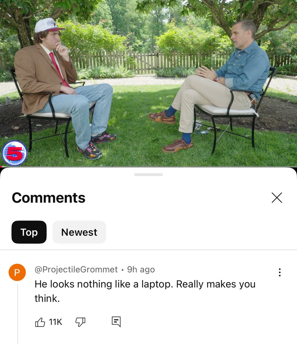 TrungTPhan's tweet image. The comment section of Channel 5’s Hunter Biden interview is cooking