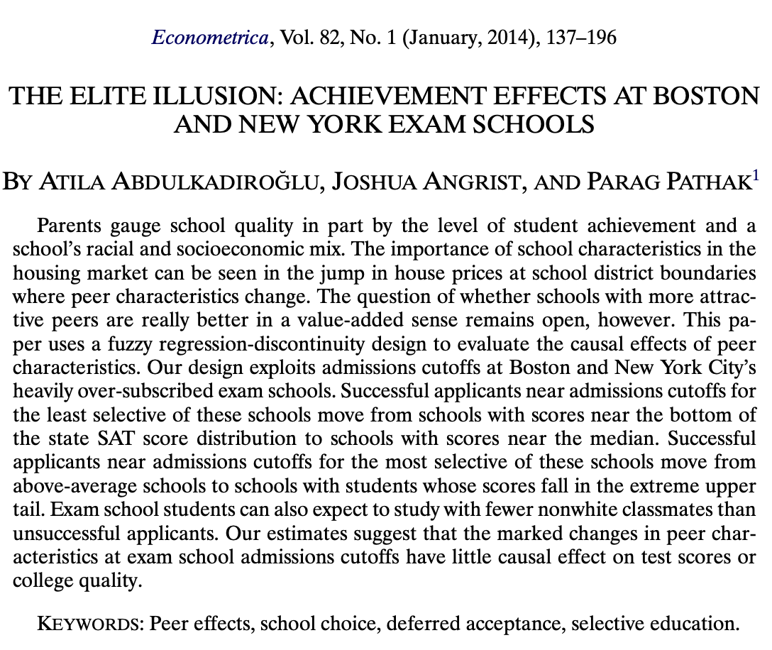 panickssery's tweet image. in Boston suburbs a house right across a school-district boundary may be valued 25% higher
but comparing public-school applicants to three Boston and three NYC exam schools found that for students within 20 percentile points of the cutoff there weren't always real improvements