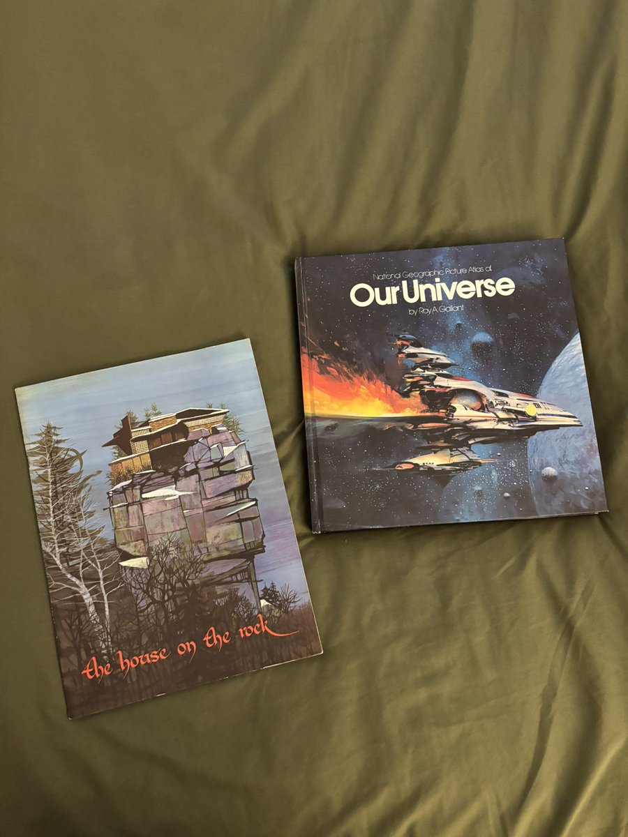 katiopolis's tweet image. some of my favorite estate sale finds from last week: cool packers merch, vintage gloria vanderbilt watch, and house on the rock promo mag and space coffee table book from the 70s