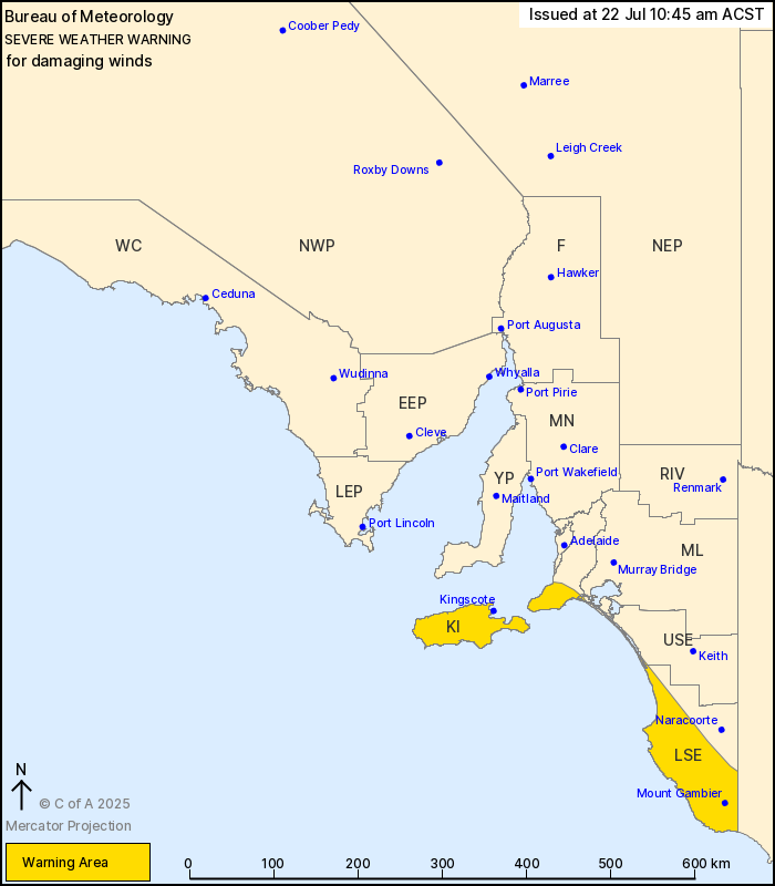 .<a href="/BOM_SA/">Bureau of Meteorology, South Australia</a> has updated a Severe Weather Warning ⚠️ for DAMAGING WINDS 💨 Kangaroo Island, Lower SE, Mount Lofty Ranges, Upper SE

Issued 10:45am 22 July 2025
bom.gov.au/products/IDS21…