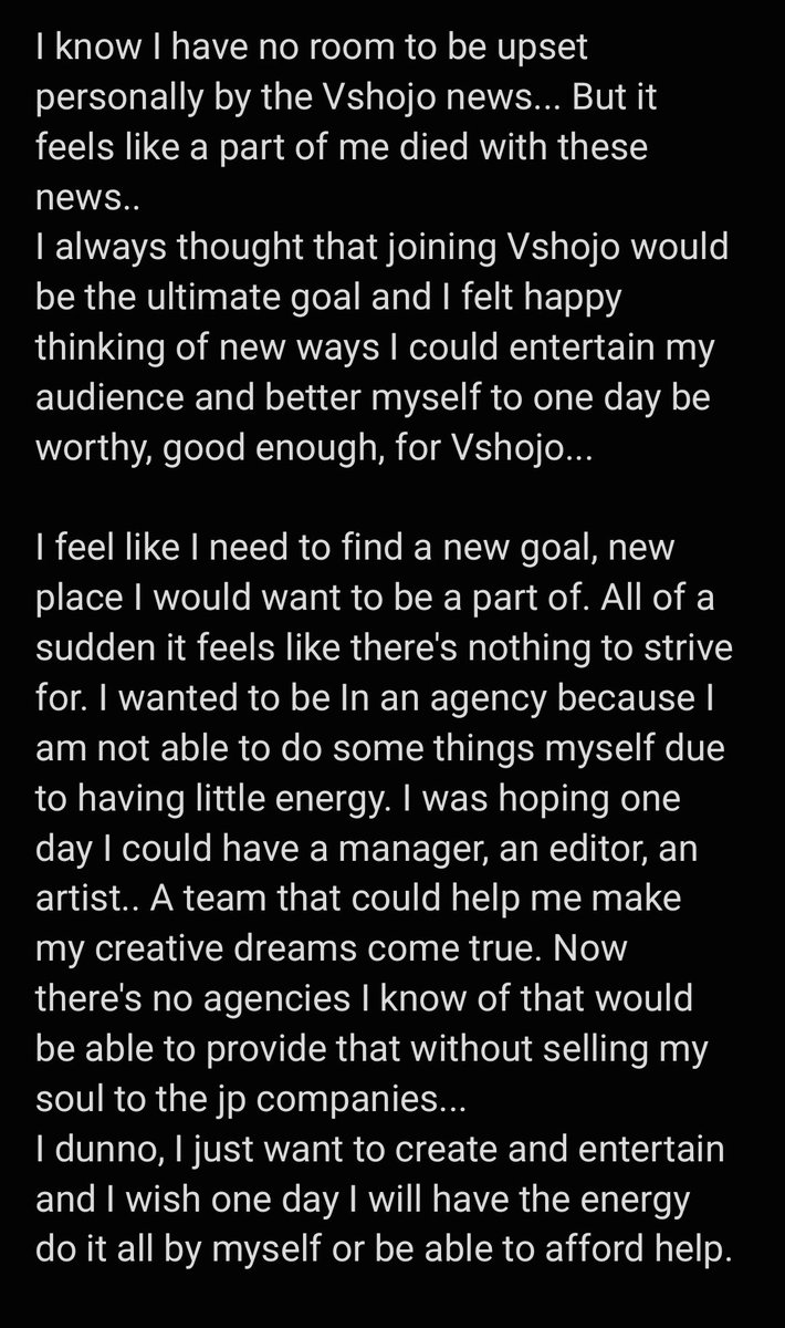 It's my fault for depending on such a dream In the first place... Im just sad and disappointed. I hope I find some other agency or sugar "father" or something.
I have so much creativity I wish I could unleash to the world but I just don't have the health for it. 😞