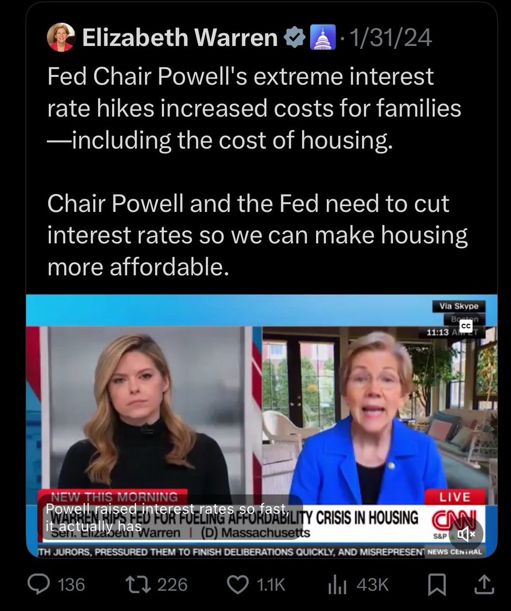 ShannonMFHill's tweet image. Looks like Pocohontas wasn’t a Powell fan last year but now will do anything to support him despite his policies driving up the cost of housing.🖕