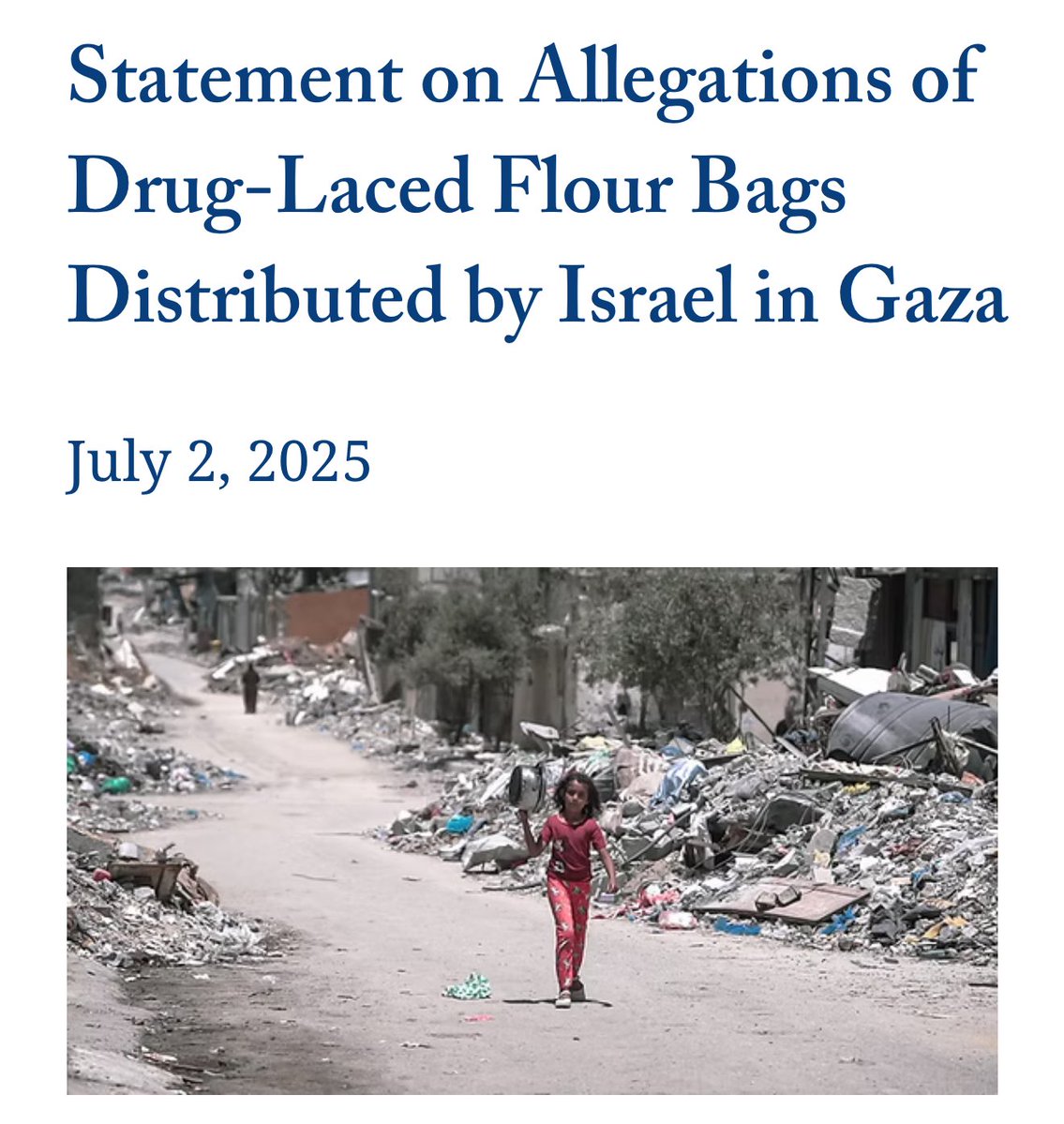 dimitrilascaris's tweet image. The Lemkin Institute for Genocide Prevention calls on the UN and aid organizations to initiate an immediate and independent investigation into allegations that flour bags distributed by Israeli and U.S. terrorists in Gaza are laced with dangerous drugs.
lemkininstitute.com/statements-new…