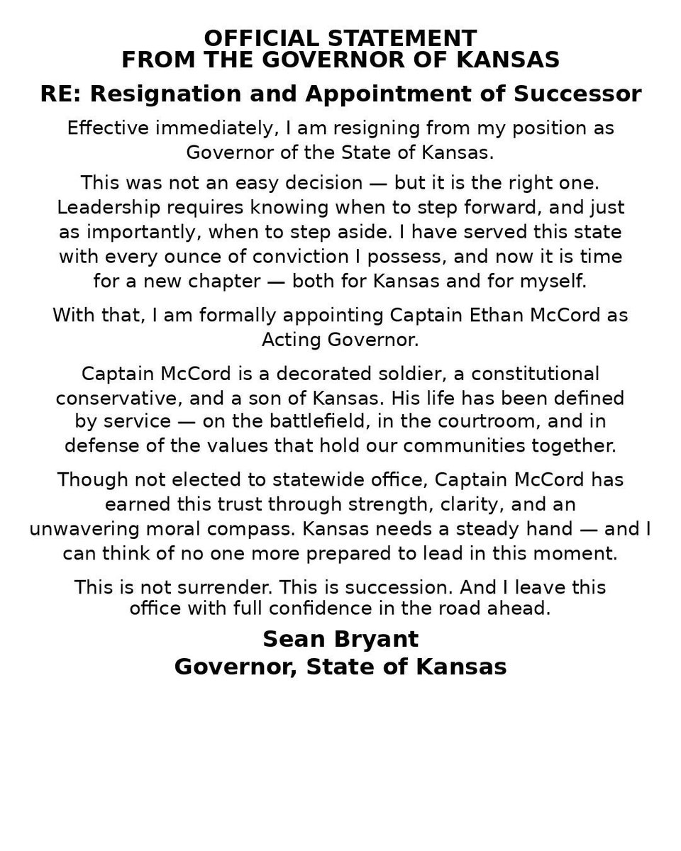EthanMcCordUSGS's tweet image. Effective immediately, I am resigning as Governor of Kansas. I’ve appointed Captain Ethan McCord to serve as Acting Governor. Kansas deserves strength, stability, and courage and I trust him to deliver all three.
(@USGSGovSim)