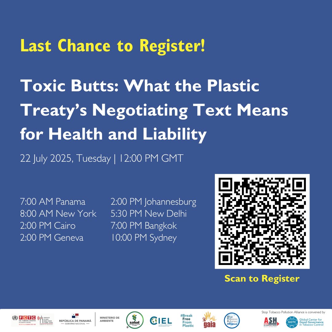 📢 Last chance to register!
Closes July 22 at 12PM MNL / 6AM Geneva

Join our global panel as we:
▪ Explore how the plastics treaty could impact WHO FCTC obligations
▪ Push for united health &amp; enviro advocacy ahead of #INC5.2

🔗 bit.ly/44WIG5F

#PlasticsTreaty #INC5