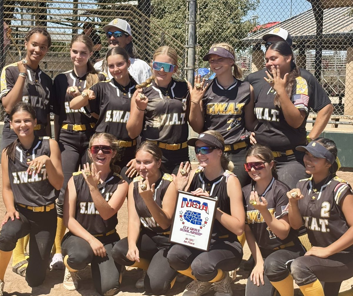 scswat's tweet photo. 26 runs in and zero allowed in bracket play. Two mercy rule wins. Rings secured. 💍

This squad didn’t just show up … they took over!! Vibes were magic, energy was unmatched, defense was locked… and bats were ON FIRE 🔥🔥 #SWATTIME #RingSeason @PlayNSAsoftball https://t.co/2WHmyPtHP7