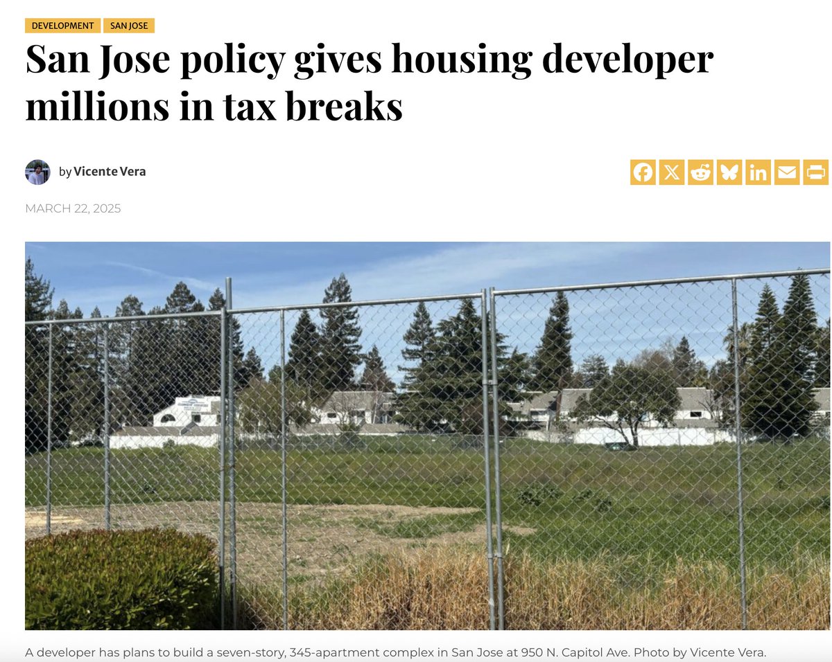 SukritGanesh's tweet image. Not a single apartment complex broke ground in San Jose in 2024. Then the city began cutting impact fees & "inclusionary zoning" requirements on a per-project basis. Literally weeks after this happened to a project near the light rail, construction began. It's not rocket science!