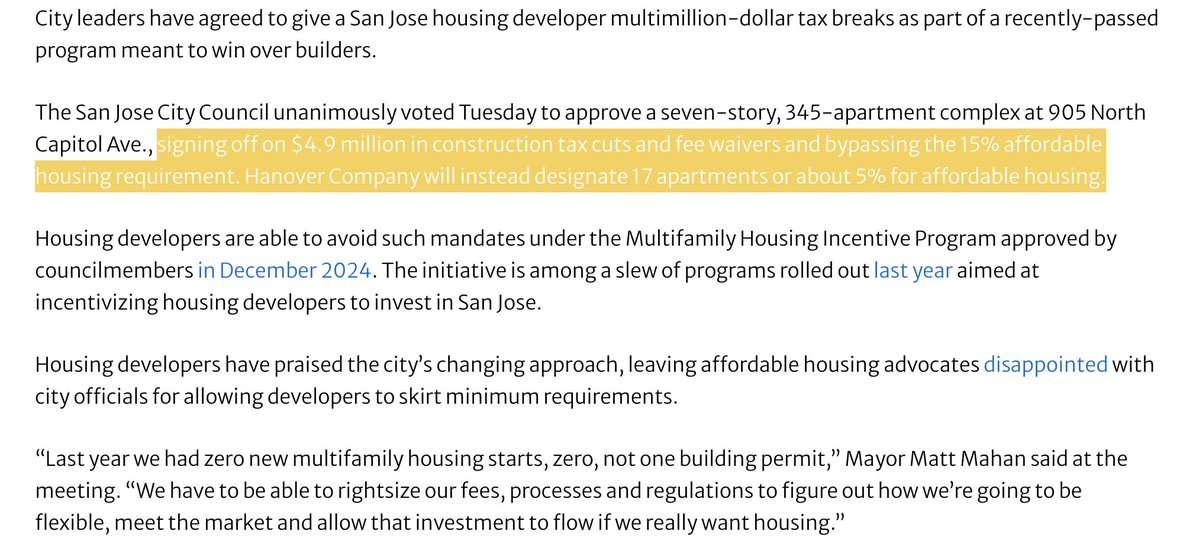 SukritGanesh's tweet image. Not a single apartment complex broke ground in San Jose in 2024. Then the city began cutting impact fees & "inclusionary zoning" requirements on a per-project basis. Literally weeks after this happened to a project near the light rail, construction began. It's not rocket science!