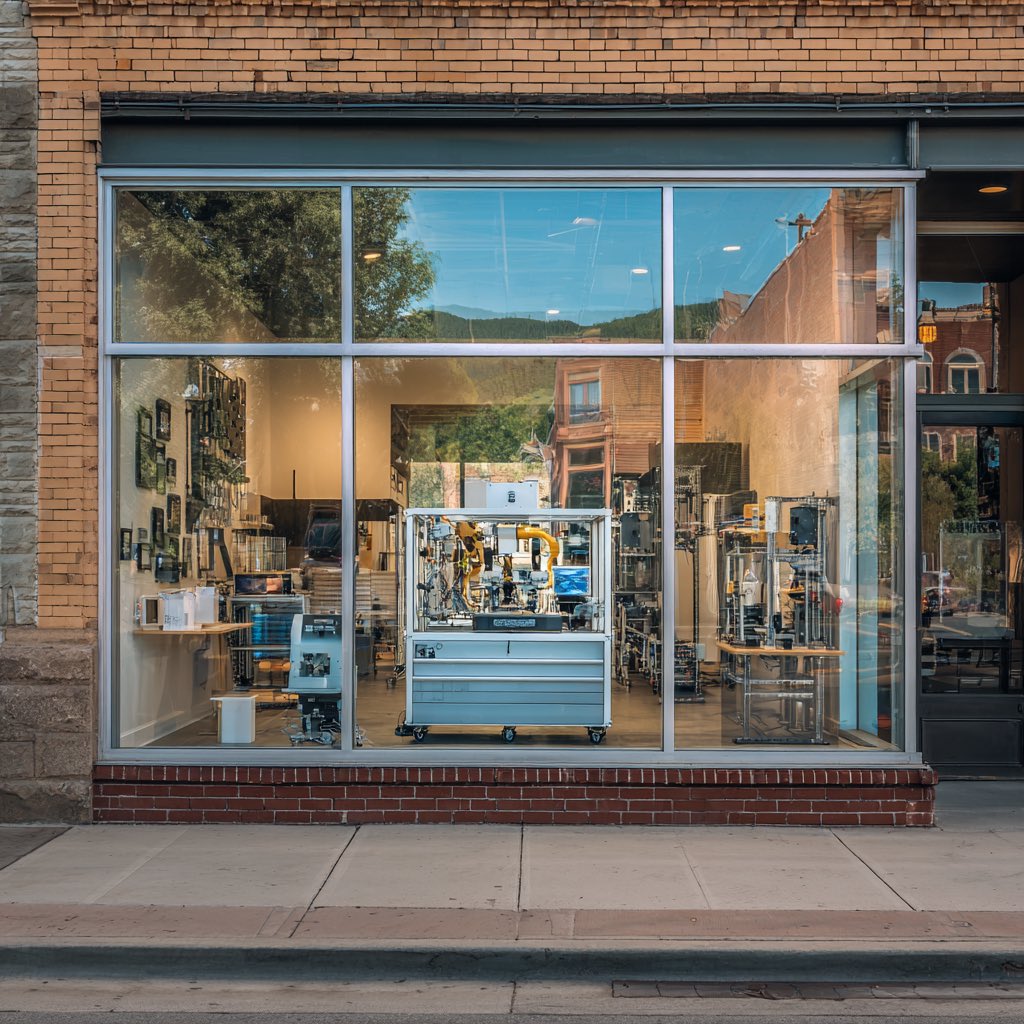 ThaaatColin's tweet image. I wanna rent a main street storefront, put a 5-axis cnc, laser cutter, robotic welder, & a bunch of robotic arms, to create a Main Street industrial vending machine that people can watch in amazement while enjoying some ice cream.