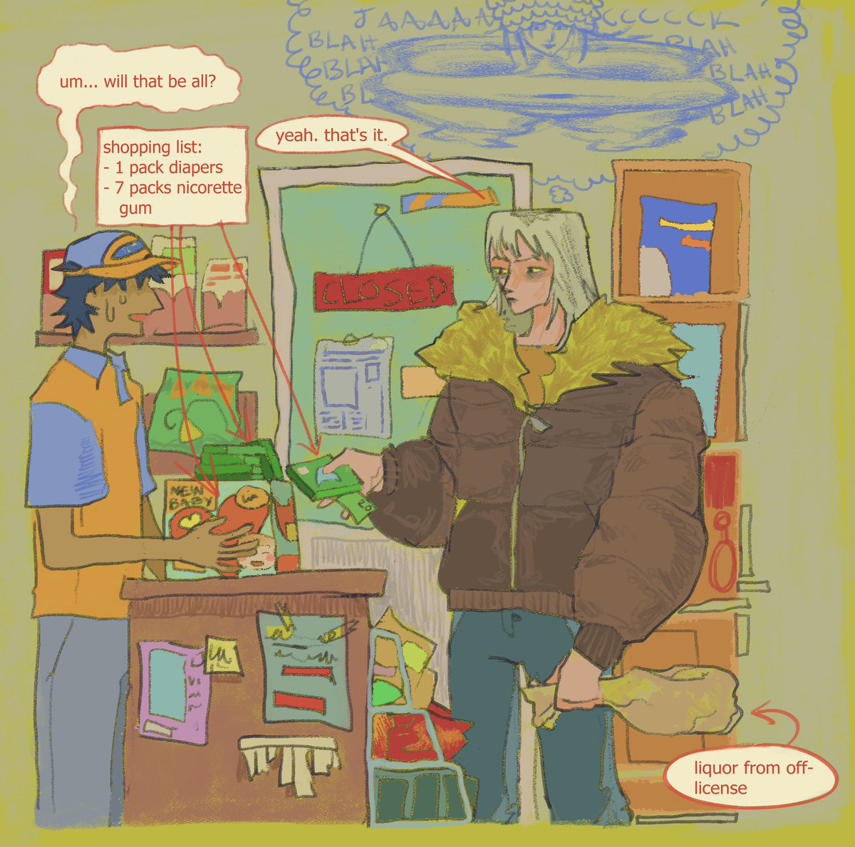 cyrblyme's tweet image. raiden at the cornerstore, haunted by rosemary of willendorf #mgs