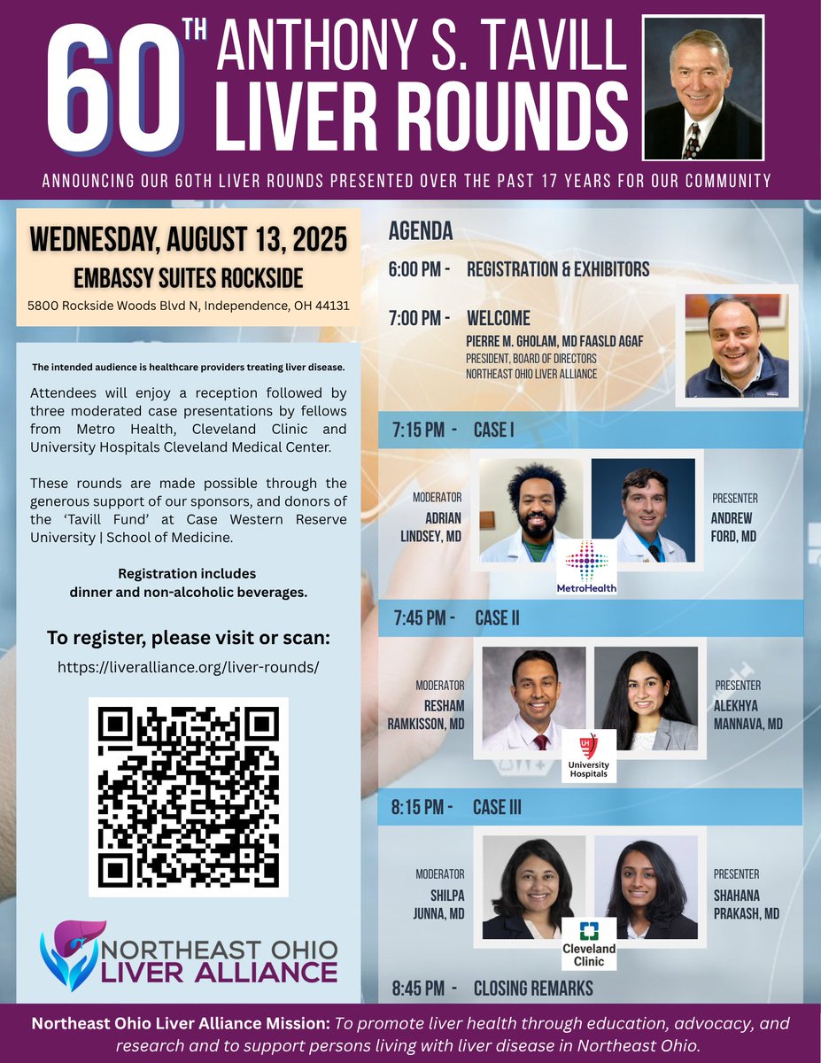 OHIOLIVER's tweet image. Join us on August 13th to hear three interesting cases at our 60th Liver Rounds!
Visit liveralliance.org/liver-rounds/ to register today!
#LiverTwitter #NEOLA #LiverRounds #NortheastOhio #LiverAlliance #LiverHealth #OhioLiver