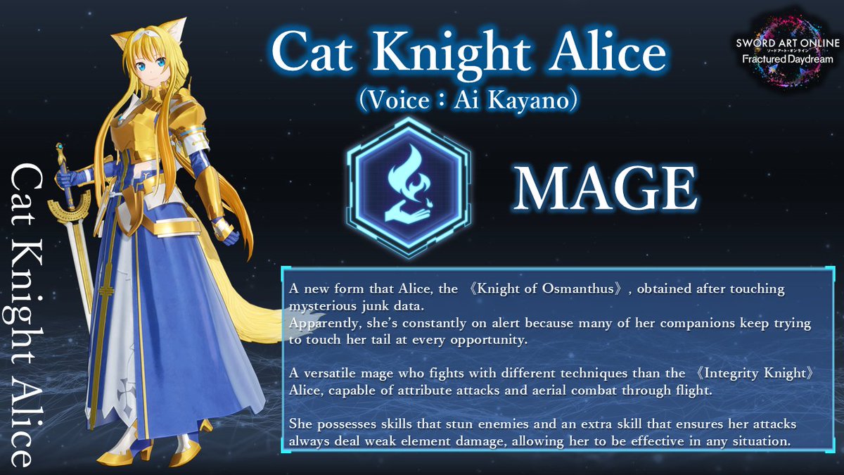 saogames's tweet image. #SAO Fractured Daydream New Playable Character!
Get ready for DLC 4: Symphony of a Dazzling Dawn! 🎶
Introducing a new playable character: Cat Knight Alice
Voice - Ai Kayano
Role - Mage
Cat Knight Alice joins the battle on July 24th, 2025! 🔥 Don't miss out!