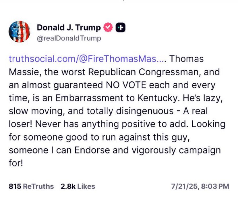 🚨 BREAKING: Trump is melting down—
Just called Rep. Thomas Massie “the worst Republican congressman… a real loser” and “an embarrassment to Kentucky.”

Why?

Because Massie won’t help bury the Epstein files.

Looks like Trump’s panic is going public.