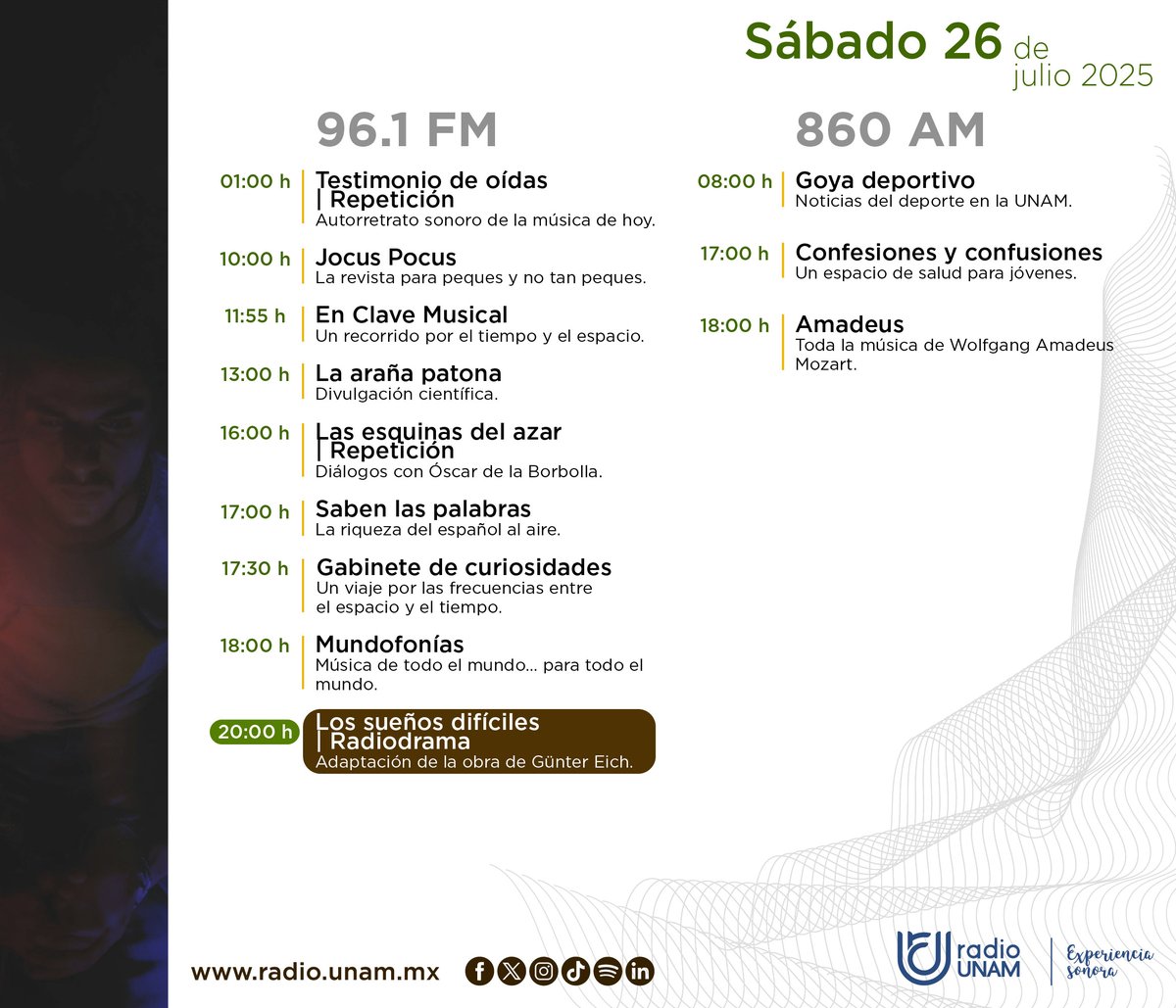 RadioUNAM's tweet image. ¡#FelizSábado, #radionauta! 😊✨
Déjate envolver por la magia de #JocusPocus 🐰✨, las historias del deporte universitario 🏈 y el viaje sonoro de "Los sueños difíciles" 📻
Revisa la programación de #HoyEnRadioUNAM 👇