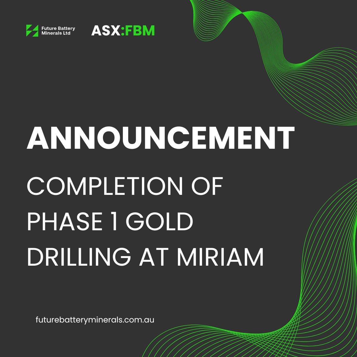 Future Battery Minerals Limited (@fbm_limited) on Twitter photo #ASXNews
<a href="/FBM_Limited/">Future Battery Minerals Limited</a> (ASX: FBM) has completed its Phase 1 RC drilling program at the 100%-owned Miriam Project in WA’s Coolgardie region, marking a key milestone in the Company’s #gold exploration strategy.
🔹 21 RC drill holes completed for ~1,900m
🔹 Targets included #ASXNews
<a href="/FBM_Limited/">Future Battery Minerals Limited</a> (ASX: FBM) has completed its Phase 1 RC drilling program at the 100%-owned Miriam Project in WA’s Coolgardie region, marking a key milestone in the Company’s #gold exploration strategy.
🔹 21 RC drill holes completed for ~1,900m
🔹 Targets included