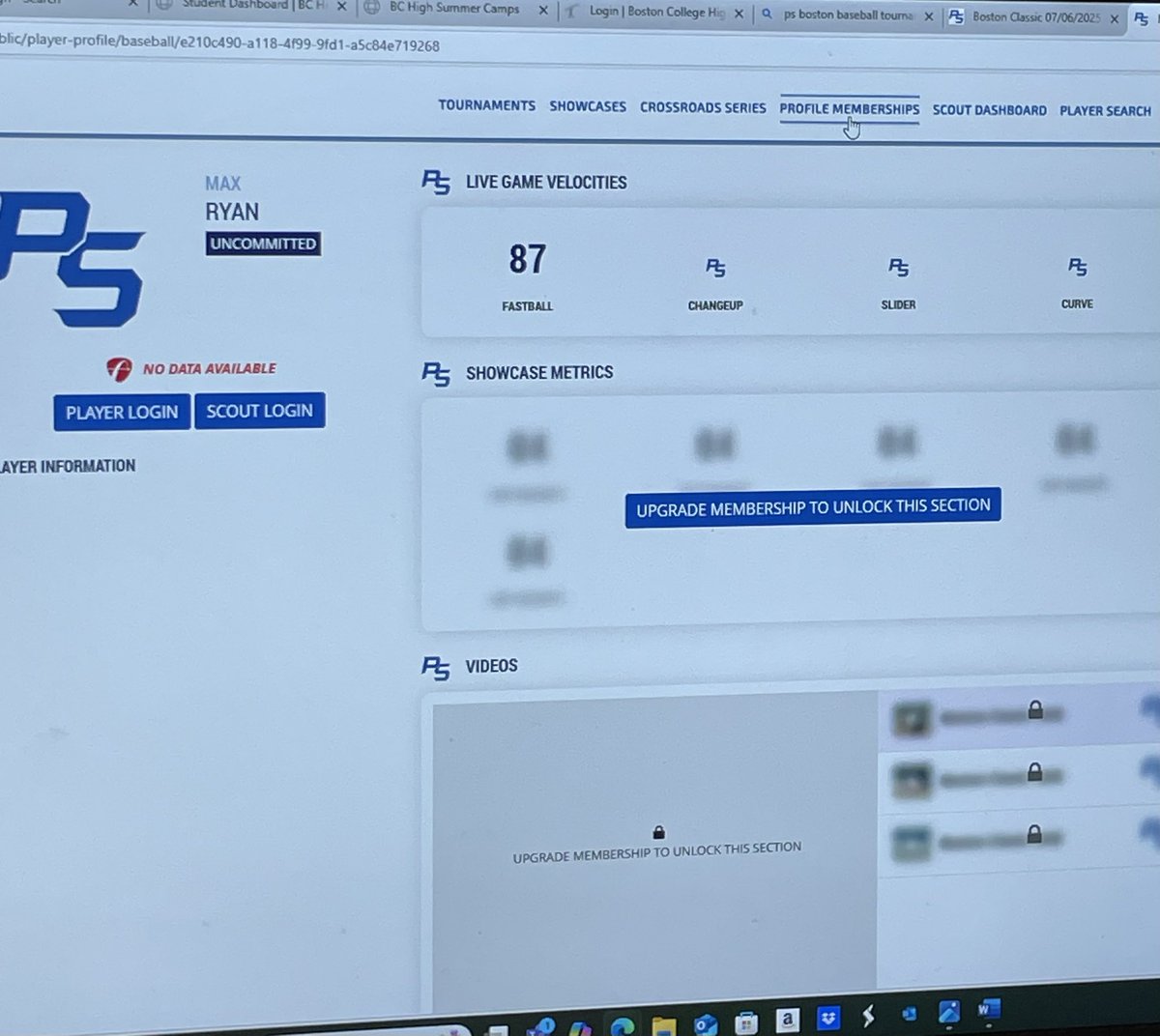 Competed in the Ps Select Classic. Topped 87 mph on the mound