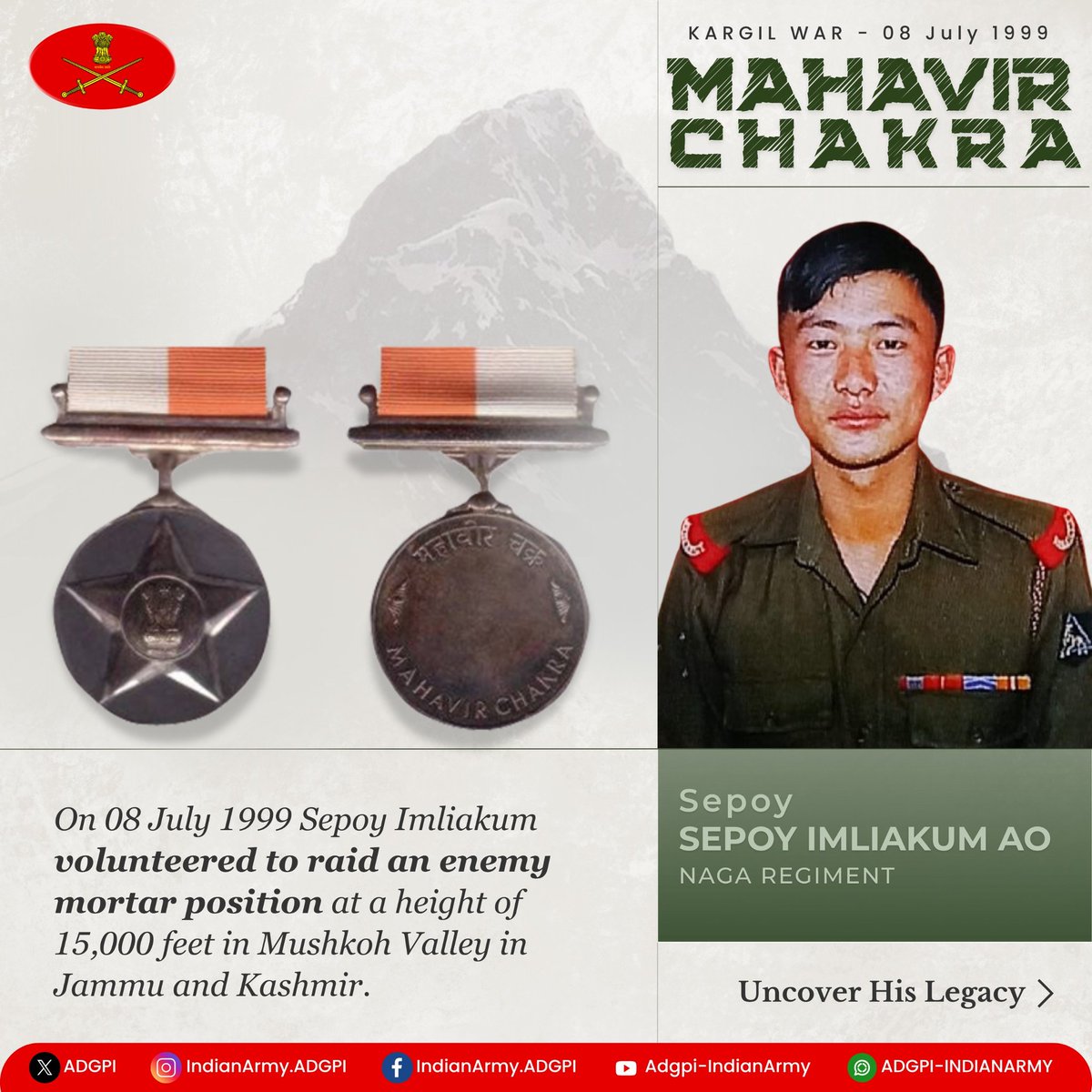 adgpi's tweet image. #26YearsofKargilVijay
Sepoy Imliakum Ao
Naga Regiment
In #KargilWar, during a Raid on enemy mortar position, he silenced two enemy sentries and stormed onto the mortar position. In the operation three 120mm mortars & two 82mm mortars were captured. For his raw courage and…