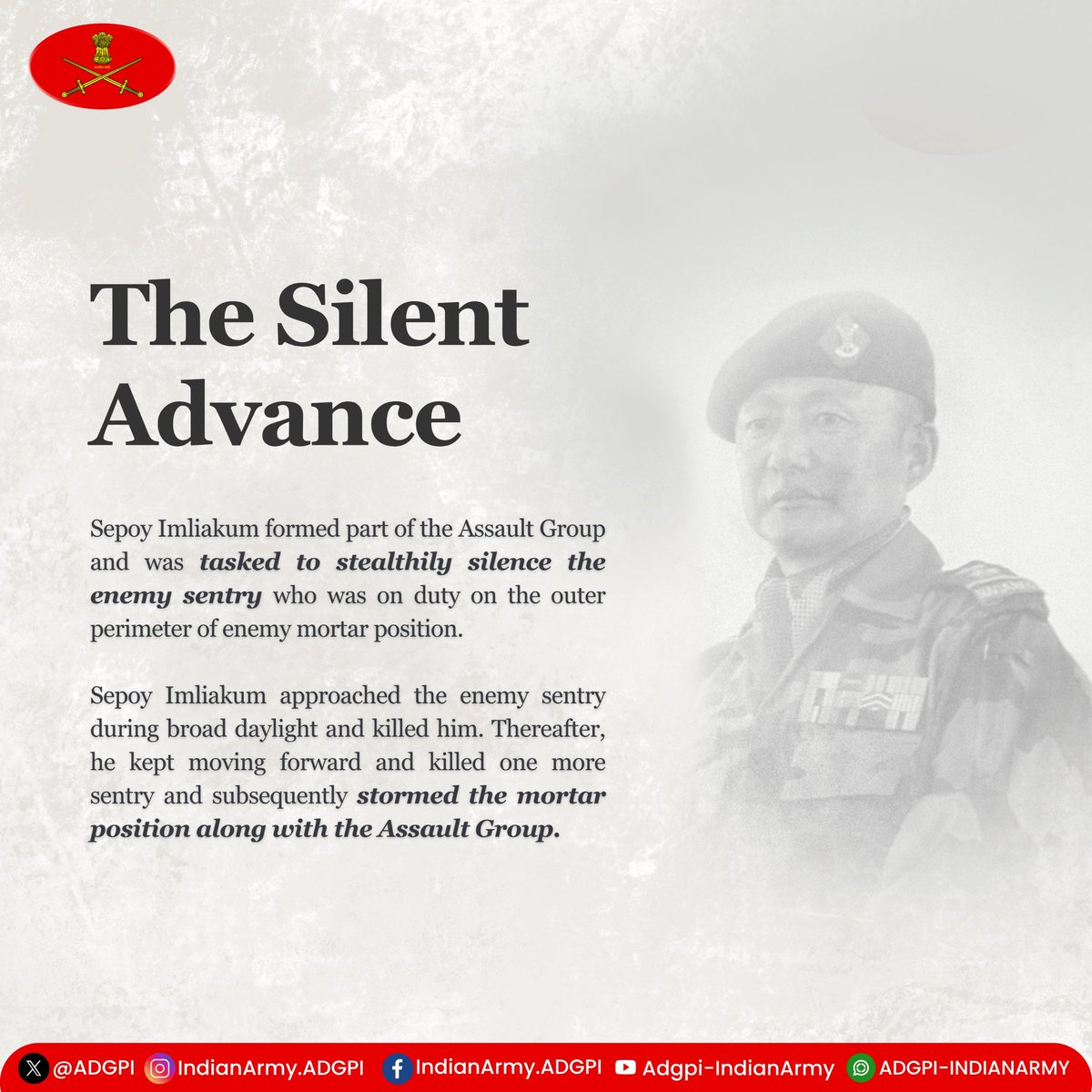 adgpi's tweet image. #26YearsofKargilVijay
Sepoy Imliakum Ao
Naga Regiment
In #KargilWar, during a Raid on enemy mortar position, he silenced two enemy sentries and stormed onto the mortar position. In the operation three 120mm mortars & two 82mm mortars were captured. For his raw courage and…