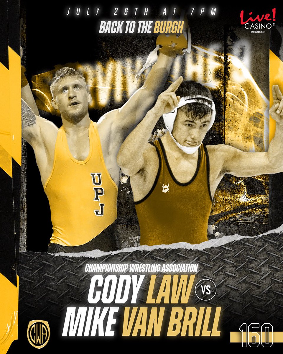 CWAWrestle's tweet image. This Saturday, @codylaw_160 returns to the mat against the always game Mike Van Brill.
Catch all the action from @livecasinoPGH starting at 7pm EST.
🎟️: cwawrestle.tickerspice.com/cwa-showcase-iv
#FolkstyleGonePro