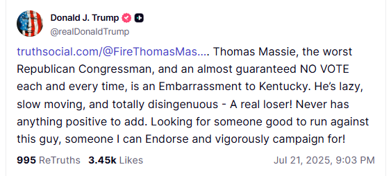 jamiedupree's tweet image. President Trump going after Rep. Thomas Massie R-KY, who has committed the unforgivable sin of asking for the release of materials related to the Epstein Files