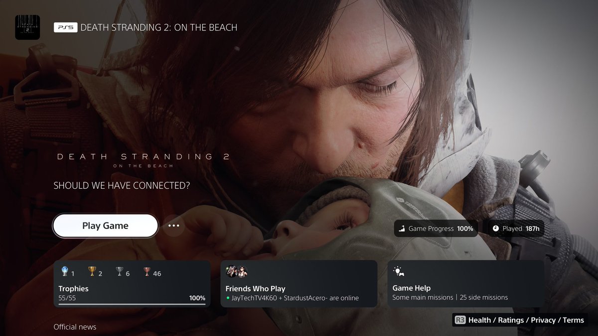 KalebKaiser9's tweet image. 4th Platinum of the Year
My 27th Platinum Trophy
Base Game Playtime: 187 hrs
Game: Death Stranding 2: On The Beach
Publisher: Sony Interactive Entertainment
Developer: Kojima Productions
#DeathStranding2OnTheBeach